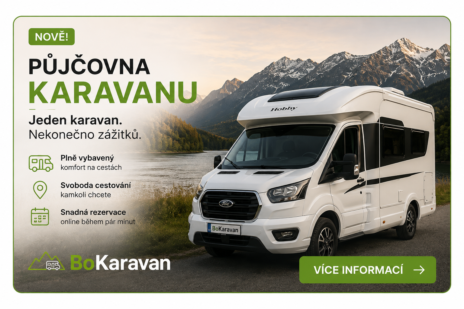 Bílý obytný vůz Hobby stojí na silnici u jezera s horami v pozadí, reklamní banner.