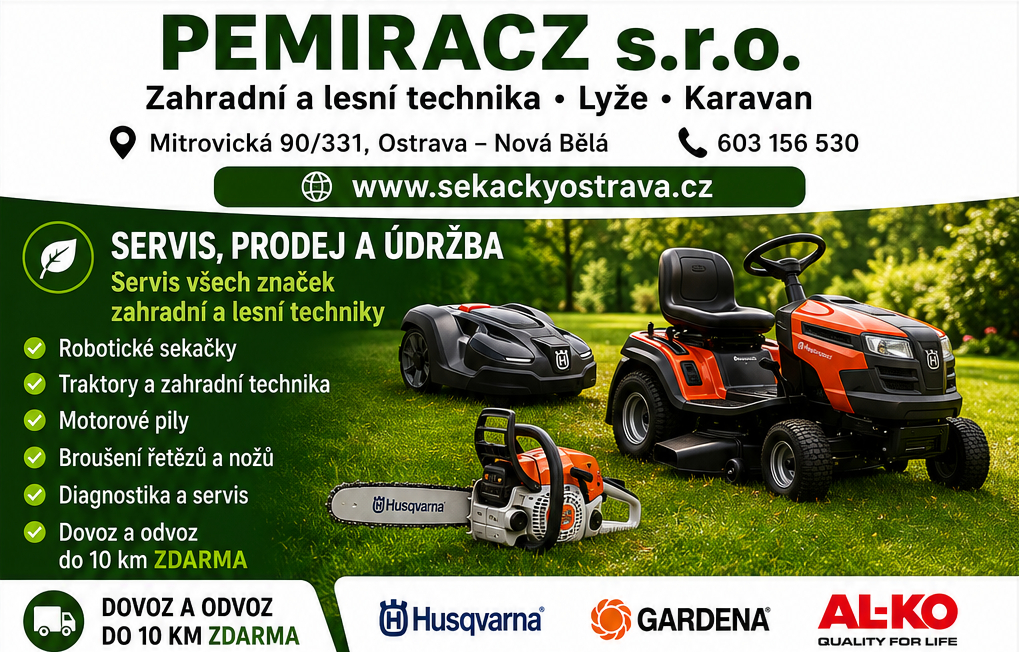 Reklamní banner firmy s robotickou sekačkou, traktorem a motorovou pilou na trávníku v zahradě.